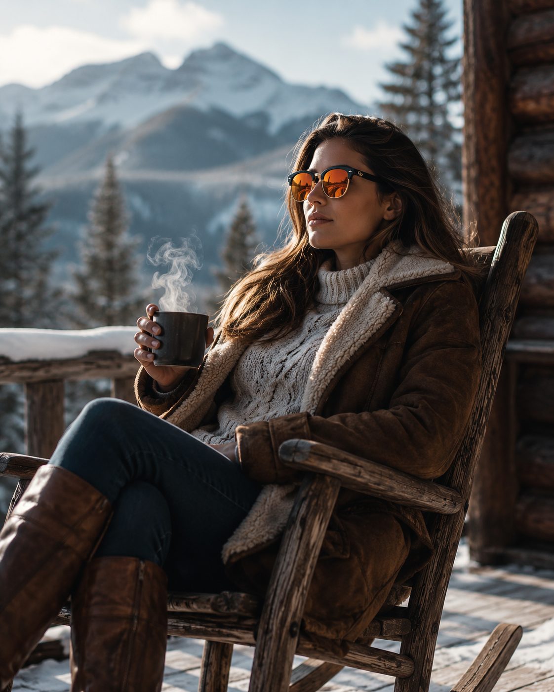 Woman wearing Oakwell Browline sunglasses on a mountain cabin porch