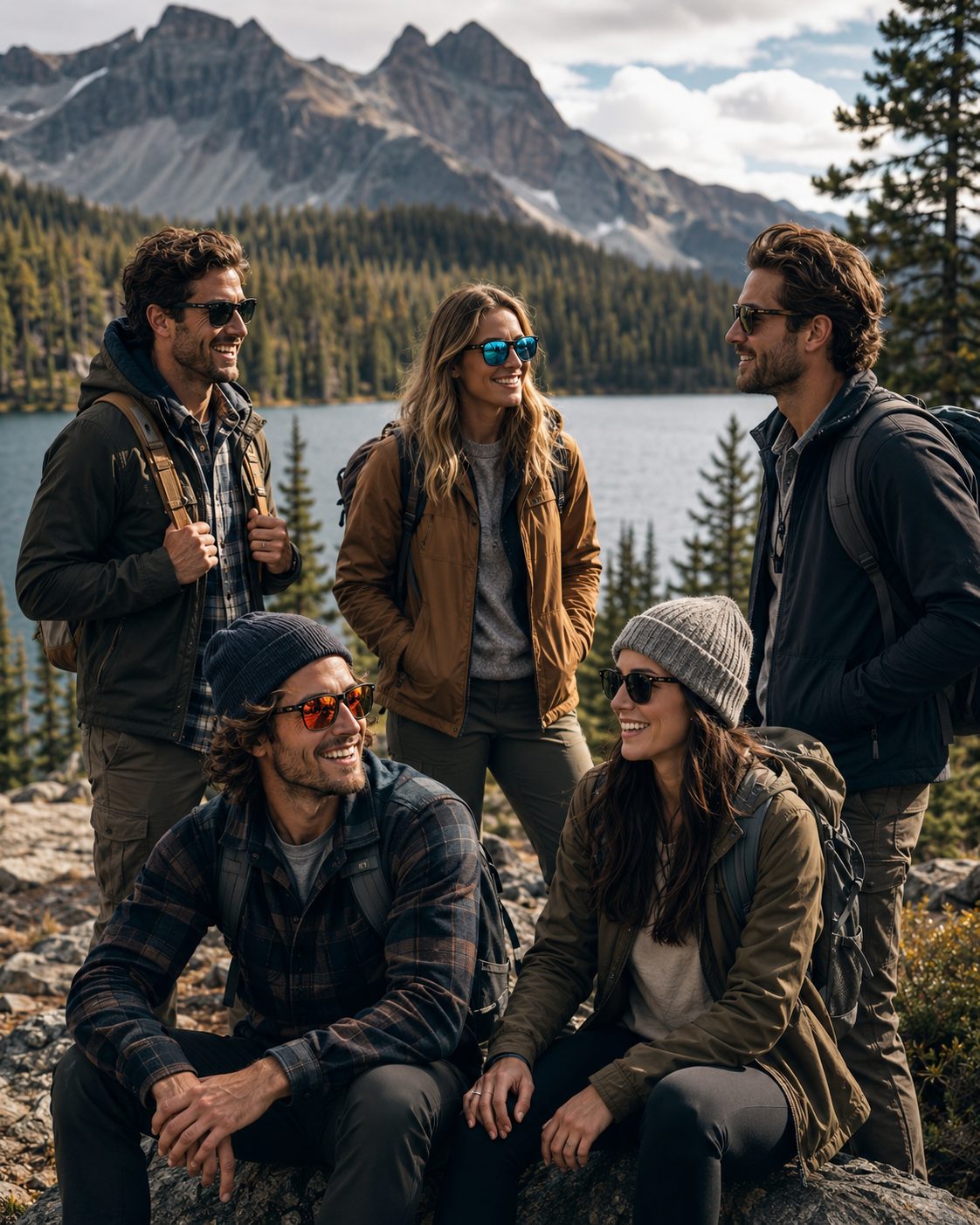 A group of friends wearing Oakwell sunglasses on a mountain hike